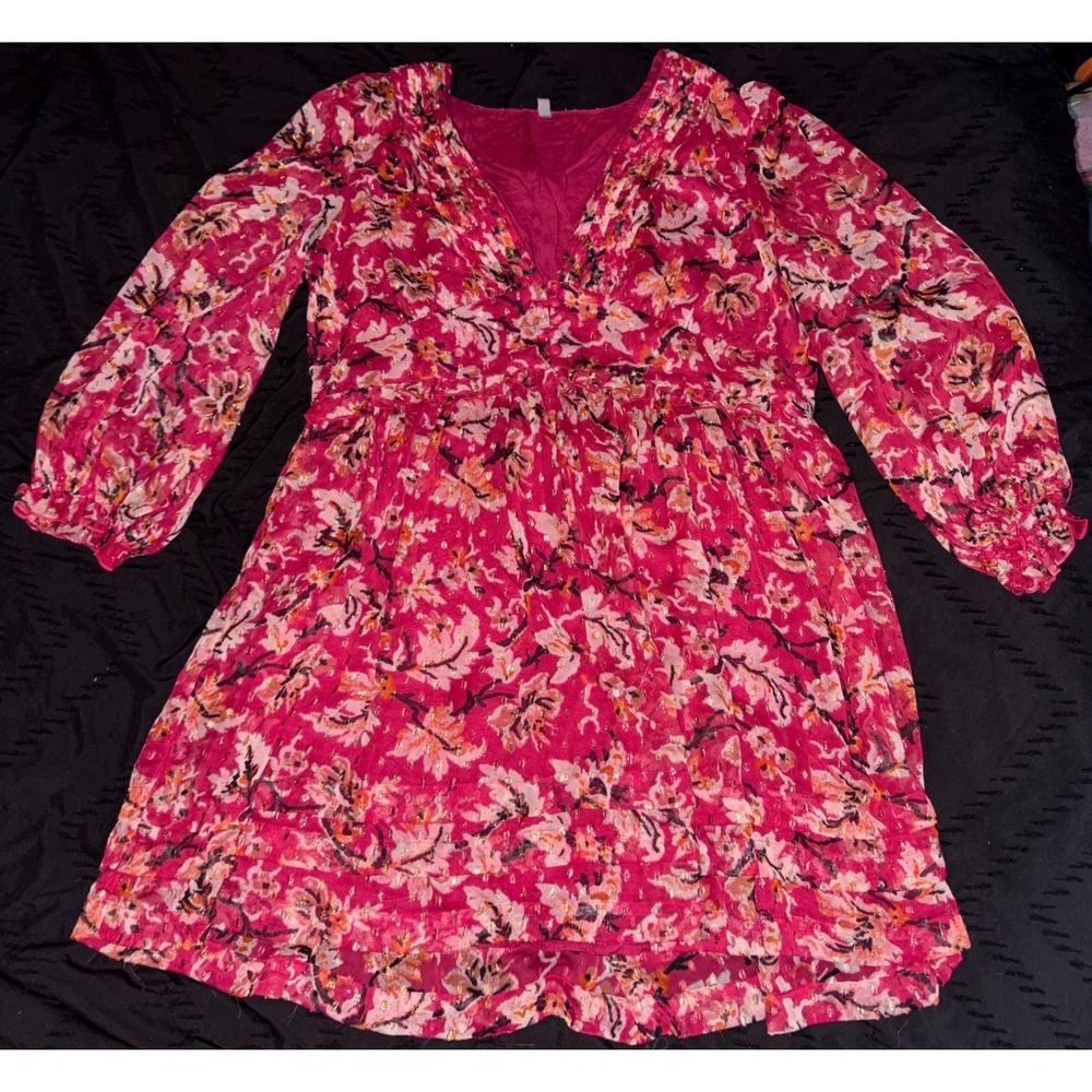 Urban Outfitters Red Floral Chiffon Empire Waist Puff Sleeve Boho Mini Dress,‎ M